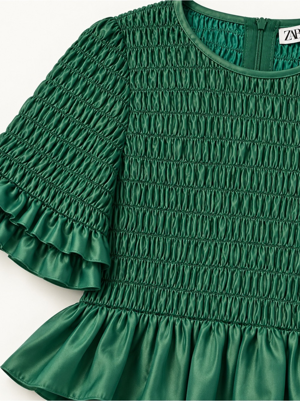 Zara Emerald Green Smocked Ruffle Peplum Top NWT M